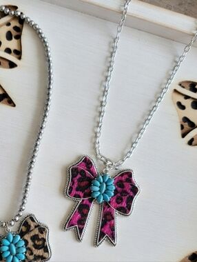 Silver Necklace with Pink Leopard Bow Pendant and Turquoise Flower